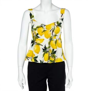Pre Owned Dolce & Gabbana White Lemon Printed Jacquard Peplum Cropped Top L