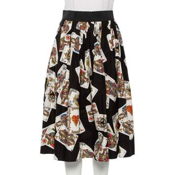 Pre Owned Dolce & Gabbana Black Cotton Playing Cards Print Pleated Midi Skirt S