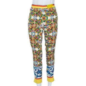 Pre Owned Dolce & Gabbana Multicolor Majolica Print Silk Trousers M 