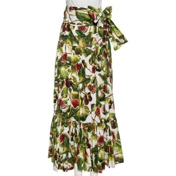 Pre Owned Dolce & Gabbana Green Fig Print Cotton Pleated Detail A-Line Skirt M