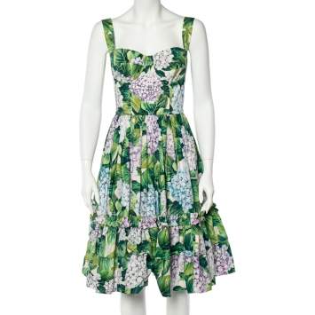 Pre Owned Dolce & Gabbana Green Hydrangea Print Cotton Poplin Elasticized Waist Dress M