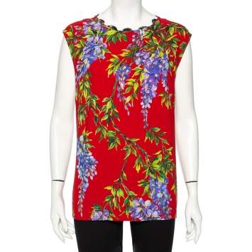 Pre Owned Dolce & Gabbana Multicolored Crepe Floral Polka Dot Printed Top L