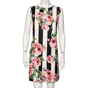 Pre Owned Dolce & Gabanna Rose & Stripes Print Silk Sleeveless Mini Dress XL 