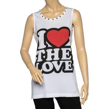 Pre Owned Dolce & Gabbana White Cotton Embellished Neck Printed Top S
