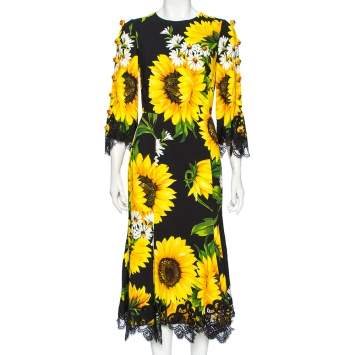 Pre Owned Dolce & Gabbana Black Printed Crepe Embellished Lace-Trimmed Cady Dress S