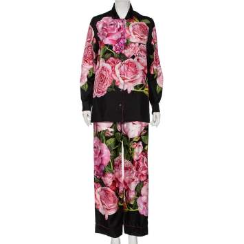 Pre Owned Dolce & Gabbana Black Rose-Print Silk Pajama Set S