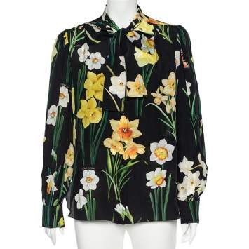 Pre Owned Dolce & Gabbana Black Floral Printed Silk Neck Tie Detail Shirt M