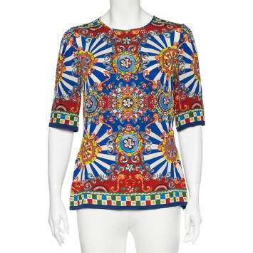 Pre Owned Dolce & Gabbana Multicolor Carretto Siciliano Printed Silk Top M