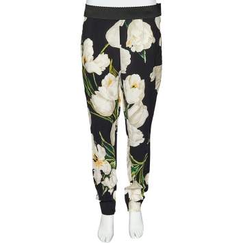 Pre Owned Dolce & Gabbana Black Tulip Printed Crepe Tapered Leg Trousers L