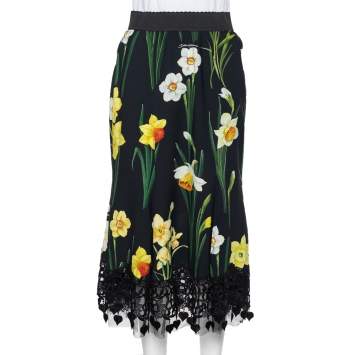 Pre Owned Dolce & Gabbana Black Floral Printed Crepe & Lace Trim Cady Skirt M