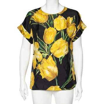 Pre Owned Dolce & Gabbana Black Tulip Printed Silk Top M