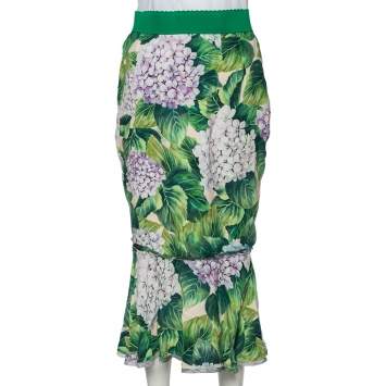 Pre Owned Dolce & Gabbana Green Hydrangea Printed Silk Flounce Hem Detail Midi Skirt M