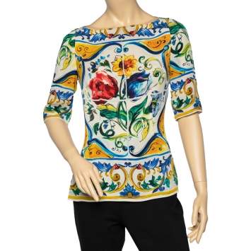Pre Owned Dolce & Gabbana Multicolor Majolica Printed Silk Boat Neck Top M