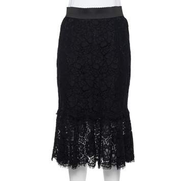 Pre Owned Dolce & Gabbana Black Lace Flounce Hem Midi Skirt M