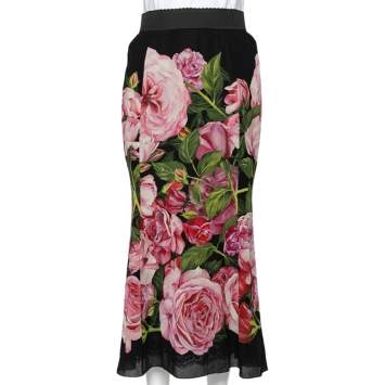 Pre Owned Dolce & Gabbana Black Rose Printed Silk Pencil Skirt M