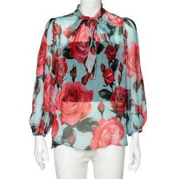 Pre Owned Dolce & Gabbana Multicolor Floral Printed Silk Bow Tie Detail Top M