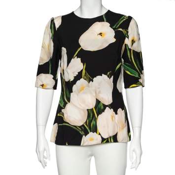 Pre Owned Dolce & Gabbana Black Floral Printed Crepe Three Quarter Sleeve Top M