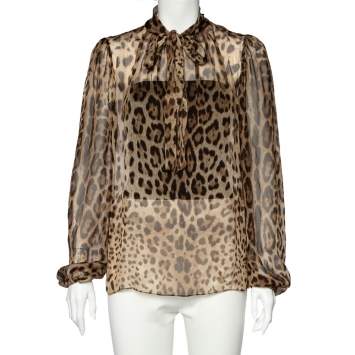 Pre Owned Dolce & Gabbana Brown Animal Printed Silk Neck Tie Detail Top M