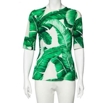 Pre Owned Dolce & Gabbana White Banana Leaf Printed Crepe Top M