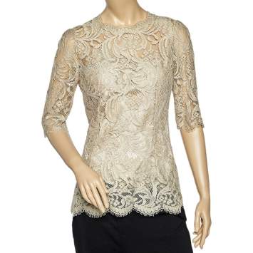 Pre Owned Dolce & Gabbana Beige Lace Satin Lined Top M