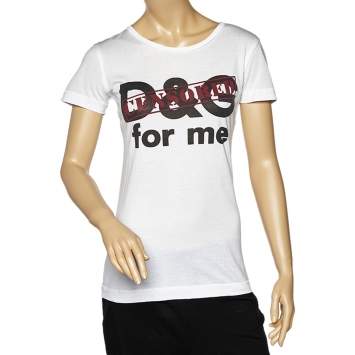 Pre Owned Dolce & Gabbana White Logo Censored Cotton Round Neck T-Shirt XS