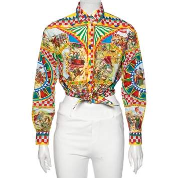 Pre Owned Dolce & Gabbana Multicolored Printed Cotton Front Tie-Up Detail Shirt S