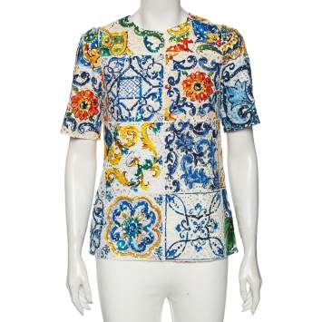 Pre Owned Dolce & Gabbana Multicolor Majolica Printed Eyelet Lace Top M