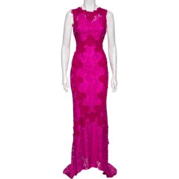 Pre Owned Dolce & Gabbana Magenta Corded Lace Open Back Maxi Dress S 