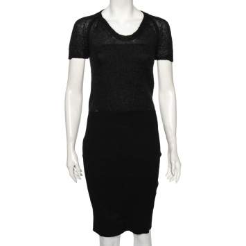 Pre Owned Dolce & Gabbana Black Wool And Knit Bodycon Skirt Detailed Midi Dress S