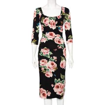 Pre Owned Dolce & Gabbana Black Floral Printed Silk Draped Detailed Sheath Dress S