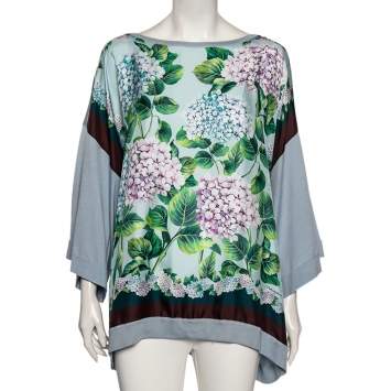 Pre Owned Dolce & Gabbana Light Blue Floral Print Silk Oversized Top L
