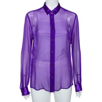 Pre Owned Dolce & Gabbana Purple Silk, Chiffon, And Satin Trim Sheer Shirt M