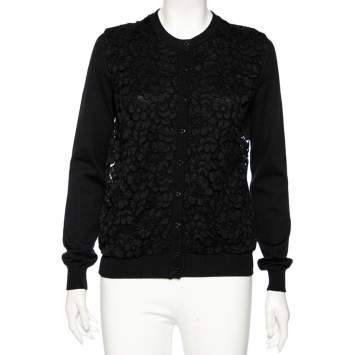 Pre Owned Dolce & Gabbana Black Wool Floral Embroidered Button Front Cardigan M