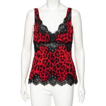 Pre Owned Dolce & Gabbana Red Leopard Print Silk Sleeveless Top L