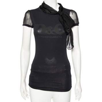 Pre Owned Dolce & Gabbana Black Logo Printed Cotton Knit And Silk Neck Tie Detail T-Shirt XS