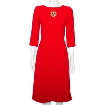 Pre Owned Dolce & Gabbana Red Crepe Wool Embellished Logo Detail A-Line Midi Dress S