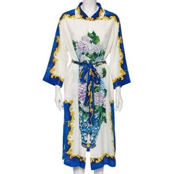 Pre Owned Dolce & Gabbana White Bouquet Printed Silk Button Down Belted Dress L