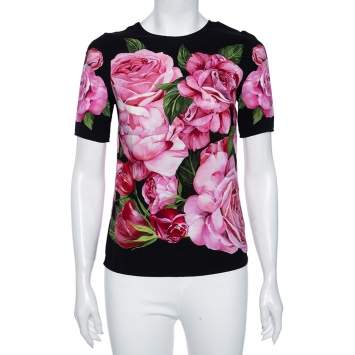 Pre Owned Dolce & Gabbana Black Floral Printed Crepe Short Sleeve Top S
