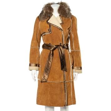 Pre Owned Dolce & Gabbana Tan Suede And Fur Trimmed Double Breasted Belted Coat M