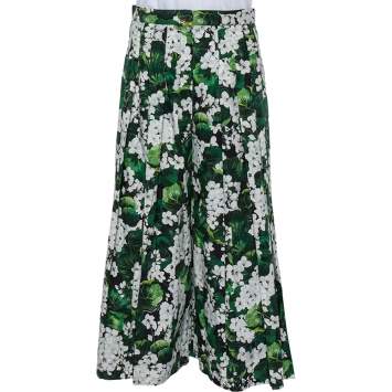 Pre Owned Dolce & Gabbana Green Floral Printed Cotton Pleated Flared Pants M