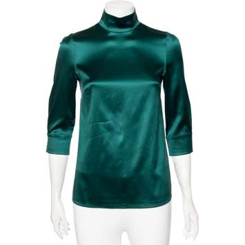 Pre Owned Dolce & Gabbana Dark Green Silk Satin High Neck Top S