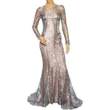 Pre Owned Dolce & Gabbana Metallic Floral Lace Long Sleeve Gown S 