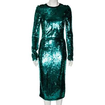 Pre Owned Dolce & Gabbana Metallic Green Paillette-Embellished Dress M