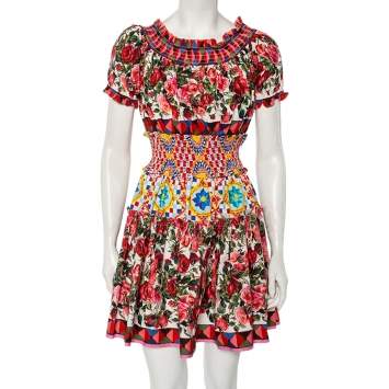 Pre Owned Dolce & Gabbana Multicolored Mambo Print Cotton Peasant Mini Dress S