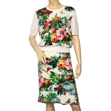 Pre Owned Dolce & Gabbana Cream Floral Embossed Jacquard Top & Silk Skirt L