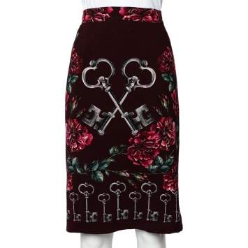 Pre Owned Dolce & Gabbana Burgundy Key And Floral Printed Crepe Pencil Skirt L