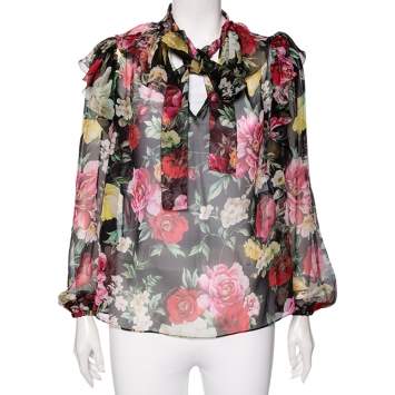 Pre Owned Dolce & Gabbana Black Floral Printed Silk Ruffled Neck Tie Detail Top S