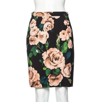 Pre Owned Dolce & Gabbana Black Floral Printed Crepe Pencil Skirt M