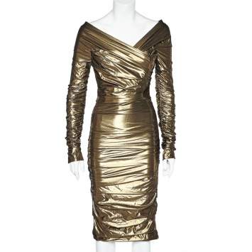 Pre Owned Dolce & Gabbana Gold Lamé Ruched Off Shoulder Dress S