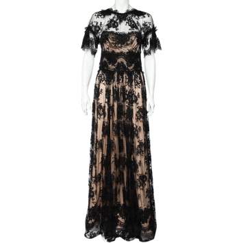 Pre Owned Dolce & Gabbana Black Lace Corset Detail Flared Gown L
